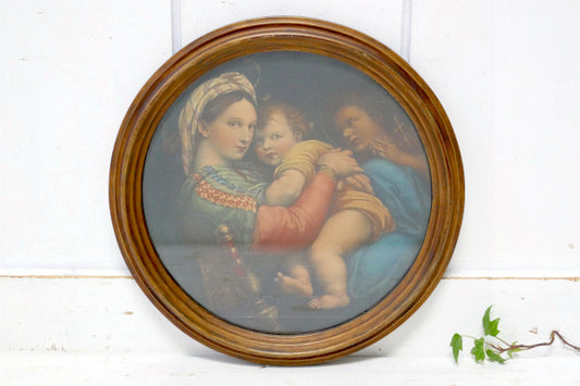 小椅子の聖母 ラウンド型・木製フレーム・聖母マリア&幼児洗礼者聖ヨハネ・アンティーク・壁掛け・聖品