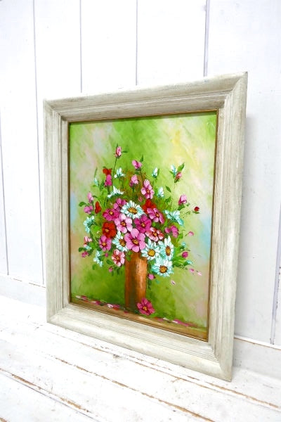 ビバリーヒルズ ロサンゼルス　カリフォルニア　絵画 オイルペイント 油絵 フラワーと花瓶 GG 直筆サイン 油絵 古い木製 額縁 ホワイトフレーム