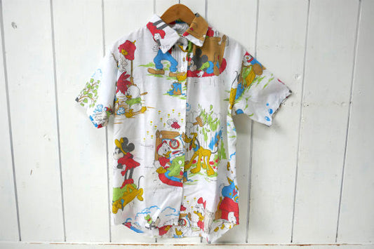 ミッキー&フレンズ ディズニー ハンドメイド リメイク ビンテージ アロハシャツ シャツ キャラクター 古着 USA