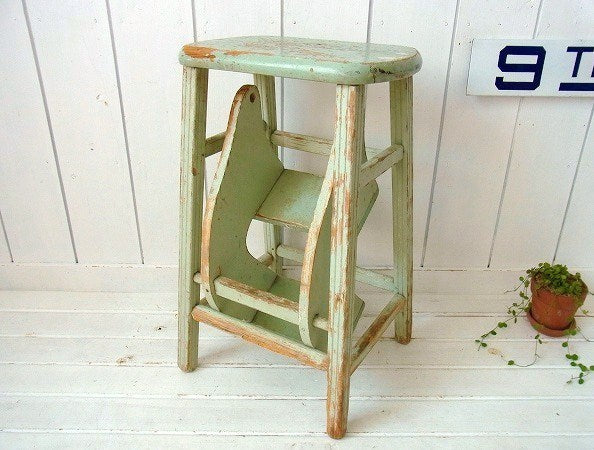 アンティーク・ミントグリーン色・木製・脚立・ステップツール/ラダー/椅子/USA