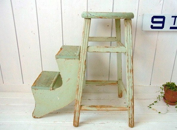 アンティーク・ミントグリーン色・木製・脚立・ステップツール/ラダー/椅子/USA