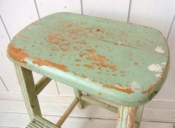 アンティーク・ミントグリーン色・木製・脚立・ステップツール/ラダー/椅子/USA