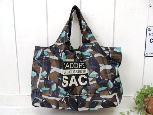 【MONOPRIX】フランス・モノプリ・スーパーマーケット・鳥柄・折りたたみ式・携帯用エコバッグ