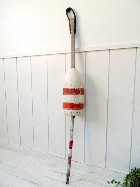 マリン・ナンバー入り・白×赤・ビッグサイズ・木製・ヴィンテージ・ロブスター・ブイ・トラップ・浮き