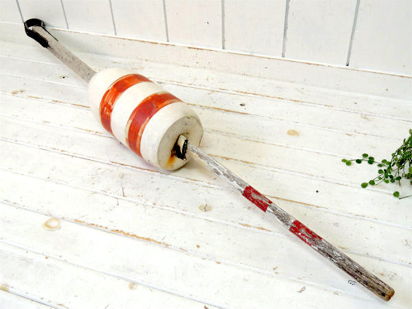 マリン・ナンバー入り・白×赤・ビッグサイズ・木製・ヴィンテージ・ロブスター・ブイ・トラップ・浮き