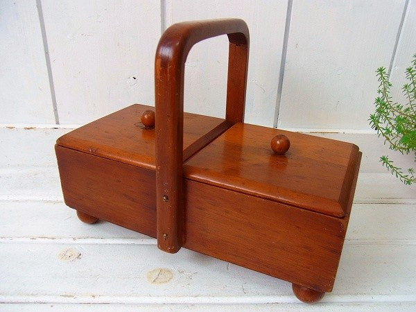 丸い脚付き・木製・アンティーク・ソーイングボックス/裁縫箱　USA