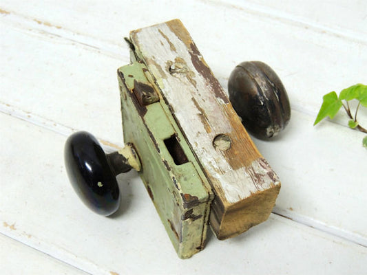 ミントグリーン ラッチバックセット・アンティーク・ガラス製×メタル製・ドアノブ USA・建材