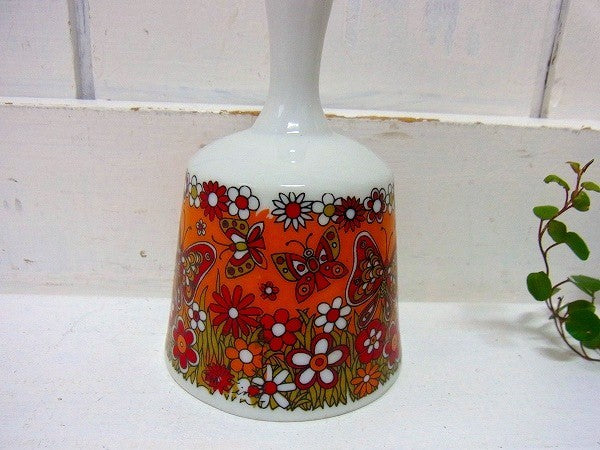 陶器製・蝶々&花柄・デッドストック・ヴィンテージ・ベル/呼び鈴(オレンジ)