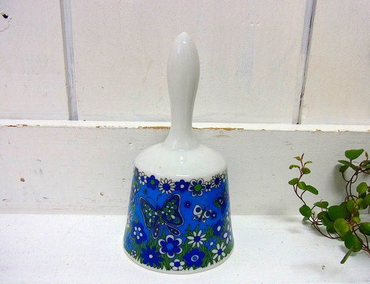 陶器製・蝶々&花柄・デッドストック・ヴィンテージ・ベル/呼び鈴(ブルー)