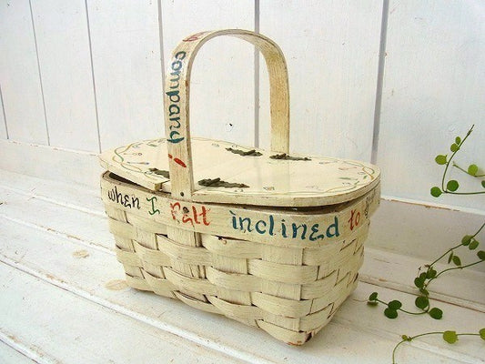 US アイボリー 木製・アンティーク・バスケット・ウッドバスケット カゴバッグ USA