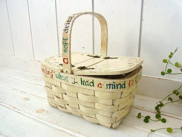 US アイボリー 木製・アンティーク・バスケット・ウッドバスケット カゴバッグ USA