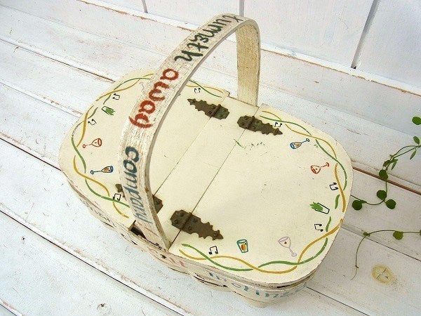 US アイボリー 木製・アンティーク・バスケット・ウッドバスケット カゴバッグ USA