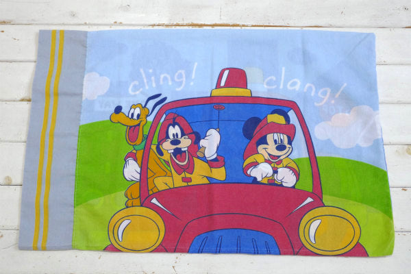 ディズニー・ミッキー 消防隊・プルート&グーフィー・ヴィンテージ・USEDピローケース・枕カバー