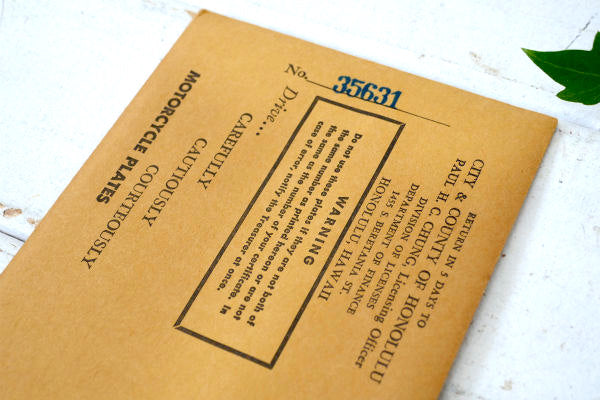 1960年代 ハワイ・バイク用・ヴィンテージ・ナンバープレート・オリジナル・封筒付き・新品・未使用