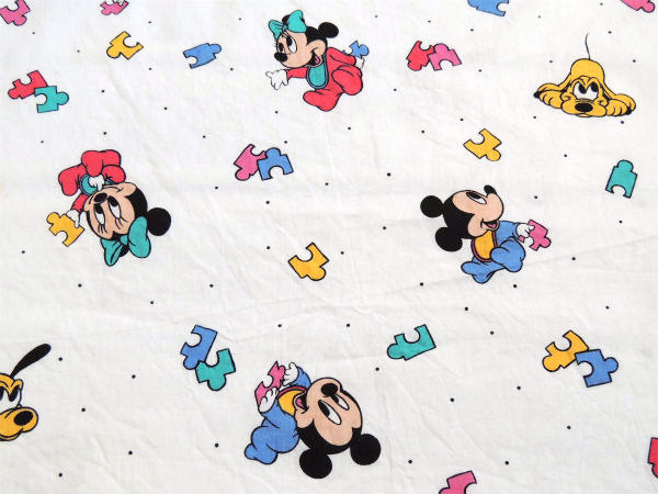 【ベビーミッキー&ミニー】パズル柄・ベビーサイズ・ヴィンテージ・ユーズドシーツ(ボックスタイプ)