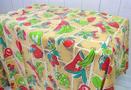 カラフルなフルーツ柄・ヴィンテージ・テーブルクロス/ファブリック/リメイク生地 USA