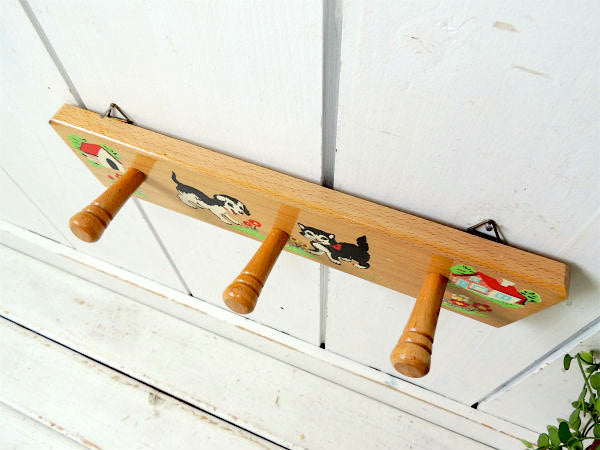 フランス・犬&ネコ柄・木製・ヴィンテージ・ウォールフック/壁掛けフック