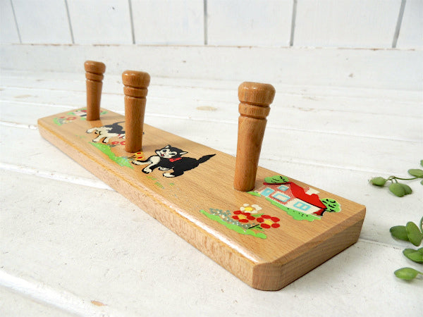 フランス・犬&ネコ柄・木製・ヴィンテージ・ウォールフック/壁掛けフック