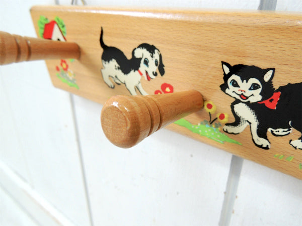 フランス・犬&ネコ柄・木製・ヴィンテージ・ウォールフック/壁掛けフック