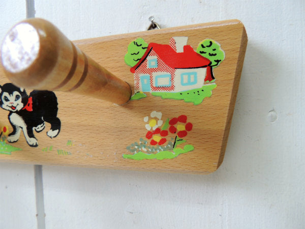 フランス・犬&ネコ柄・木製・ヴィンテージ・ウォールフック/壁掛けフック