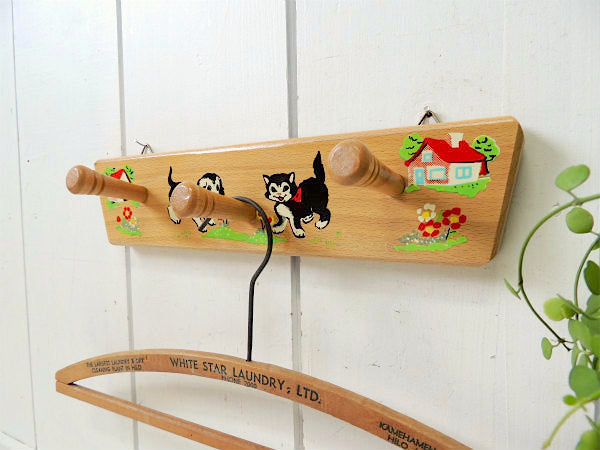 フランス・犬&ネコ柄・木製・ヴィンテージ・ウォールフック/壁掛けフック