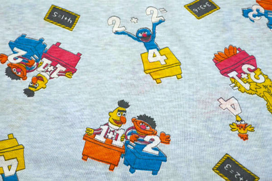 セサミストリートの仲間たち お勉強柄 水色 デッドストック ヴィンテージ ファブリック 生地 レア物