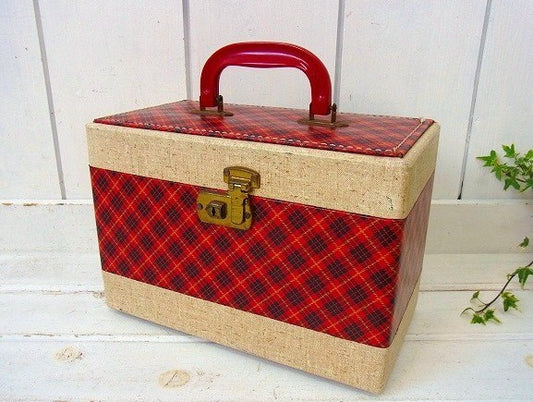 赤色タータンチェック柄・ヴィンテージ・コスメボックス/メイクボックス　USA