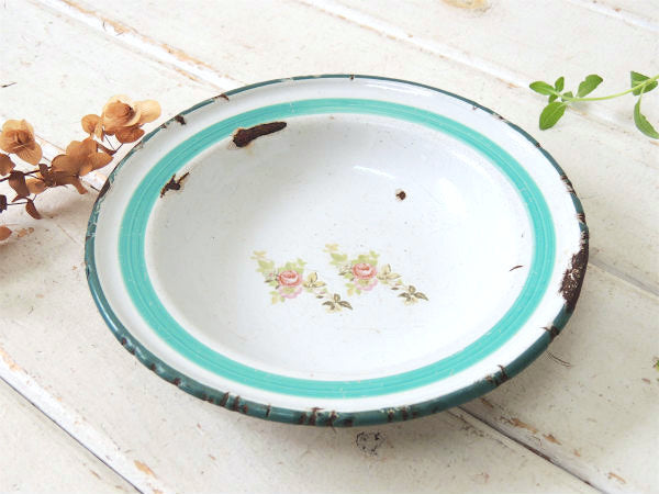 小花柄・フラワーモチーフ・ホーロー製・アンティーク・プレート・皿・食器・琺瑯ボウル USA