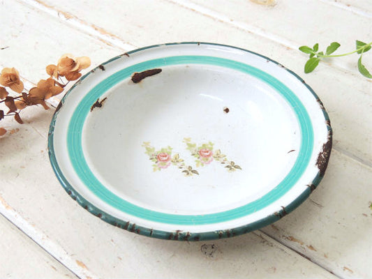 小花柄・フラワーモチーフ・ホーロー製・アンティーク・プレート・皿・食器・琺瑯ボウル USA