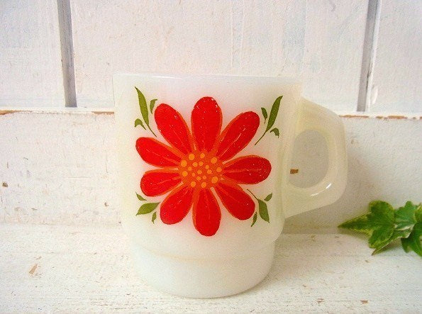 【FireKing】デイブレイカー・赤色の花柄・ヴィンテージ・マグカップ/スタッキングマグ
