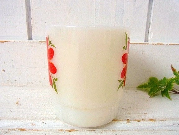 【FireKing】デイブレイカー・赤色の花柄・ヴィンテージ・マグカップ/スタッキングマグ