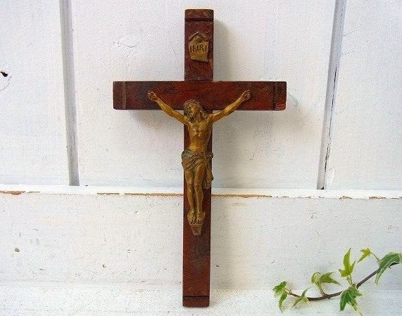 フランス製・壁掛け・木製アンティーク・クロス・十字架/crucifix/キリスト/聖品 　USA