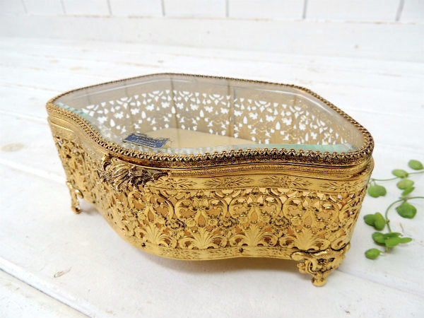 ベベルガラス・24金メッキ・脚付きアンティーク・ジュエリーボックス/宝石箱