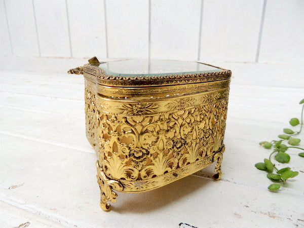 ベベルガラス・24金メッキ・脚付きアンティーク・ジュエリーボックス/宝石箱