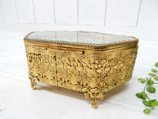 ベベルガラス・24金メッキ・脚付きアンティーク・ジュエリーボックス/宝石箱