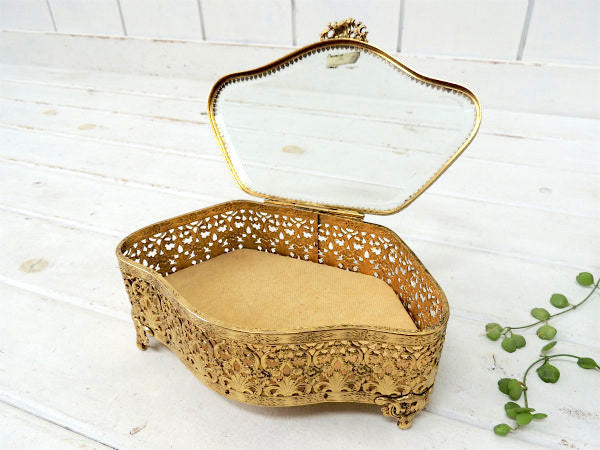 ベベルガラス・24金メッキ・脚付きアンティーク・ジュエリーボックス/宝石箱