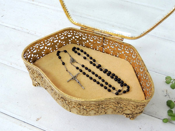 ベベルガラス・24金メッキ・脚付きアンティーク・ジュエリーボックス/宝石箱