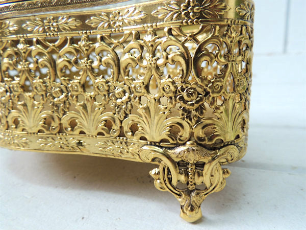 ベベルガラス・24金メッキ・脚付きアンティーク・ジュエリーボックス/宝石箱