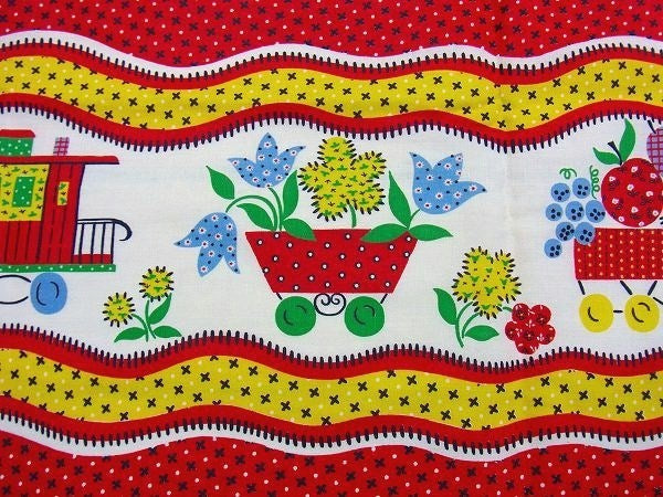 汽車&フラワーバスケット&フルーツバスケット柄・デッドストック・ヴィンテージ・ファブリック/生地