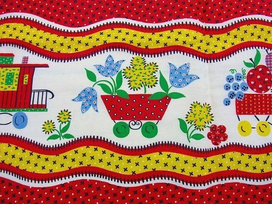 汽車&フラワーバスケット&フルーツバスケット柄・デッドストック・ヴィンテージ・ファブリック/生地