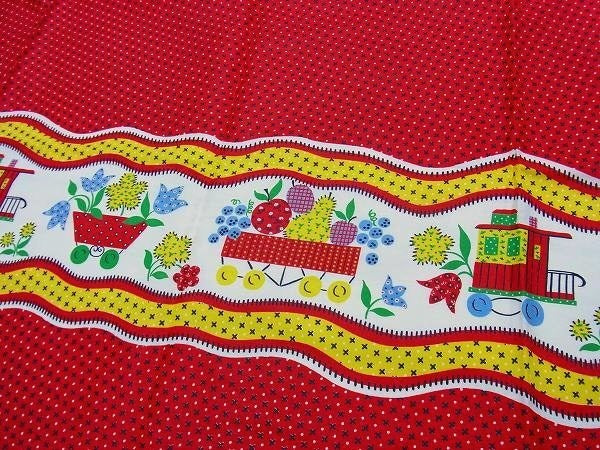 汽車&フラワーバスケット&フルーツバスケット柄・デッドストック・ヴィンテージ・ファブリック/生地