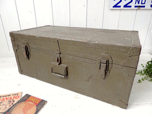 1947s カーキ色・2段式・大きなアンティーク・木製トランク/ウッドボックス・ミリタリー