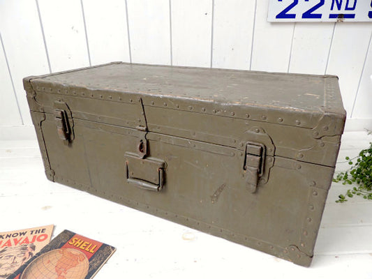 1947s カーキ色・2段式・大きなアンティーク・木製トランク/ウッドボックス・ミリタリー