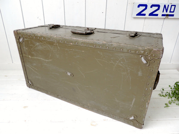 1947s カーキ色・2段式・大きなアンティーク・木製トランク/ウッドボックス・ミリタリー