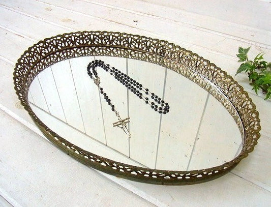 フラワーモチーフ・オーバル型・アンティーク・ミラートレイ/鏡　USA