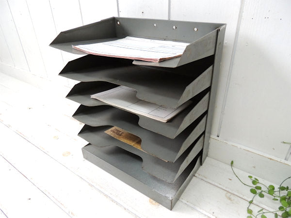 【壁掛け&卓上】工業系・メタル製・ヴィンテージ・6段・書類ラック/デスクトレイ・USA