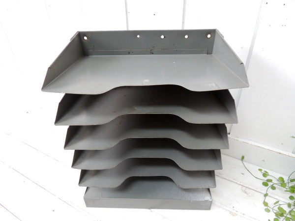 【壁掛け&卓上】工業系・メタル製・ヴィンテージ・6段・書類ラック/デスクトレイ・USA