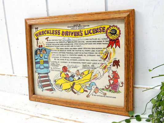 電車&車&レッドデビル柄プリント・ライセンス・印刷物入り・50'sヴィンテージ・木製フレーム