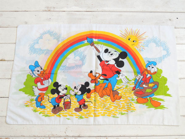 【ミッキー&フレンズ】ディズニー・レインボー柄・ビンテージ・ピローケース・枕カバー USA