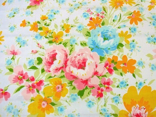 カラフルな花柄・フラワー・ヴィンテージ・ユーズドシーツ(1/2)　USA 生地